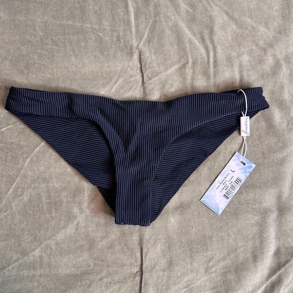 NWT Frankie's Bikinis Greer Ribbed Cheeky Black Bikini Bottom LARGE